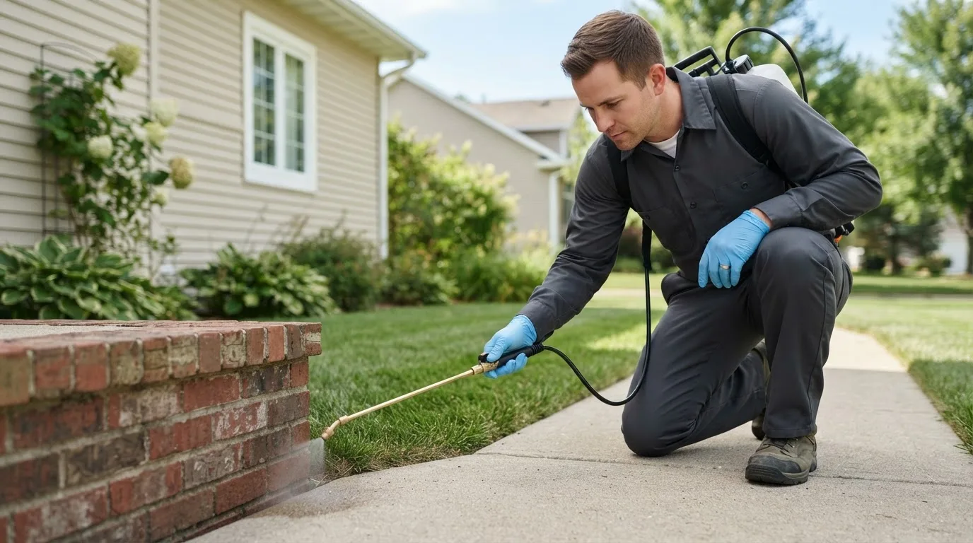 Pest control technician treating a home near Old Bethpage, NY