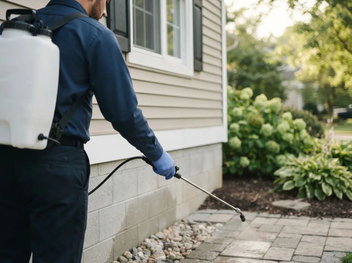 Pest control technician inspecting a home in Old Bethpage, NY